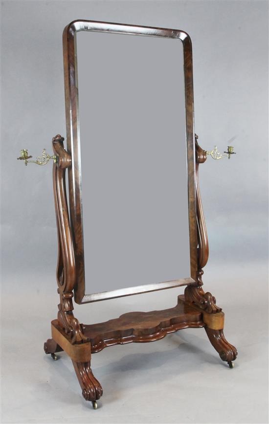 A Regency mahogany cheval mirror, W.2ft 7in. H.5ft 4in.